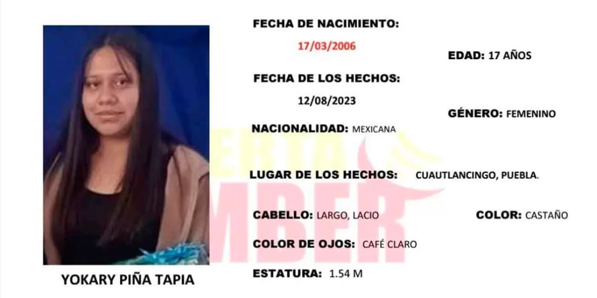 Activan ALERTA AMBER para localizar a Yokary Piña desaparecida en Puebla