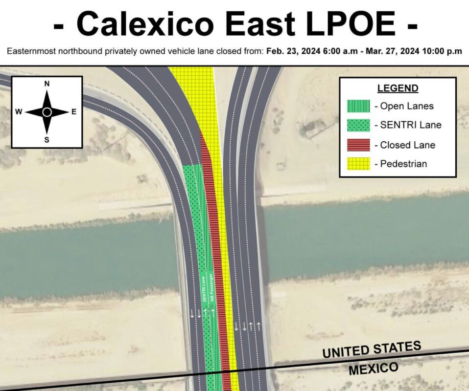 Cierre temporal de solo carril vehicular en dirección norte en la Garita de Calexico East