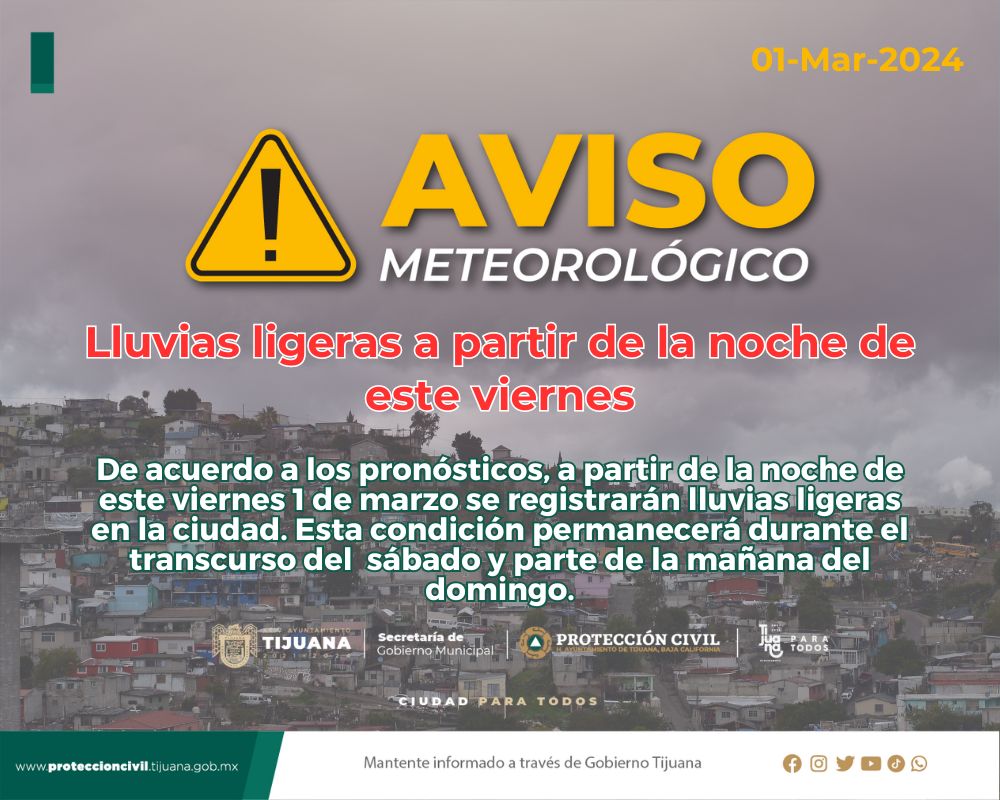 Aviso meteorológico de protección civil Tijuana