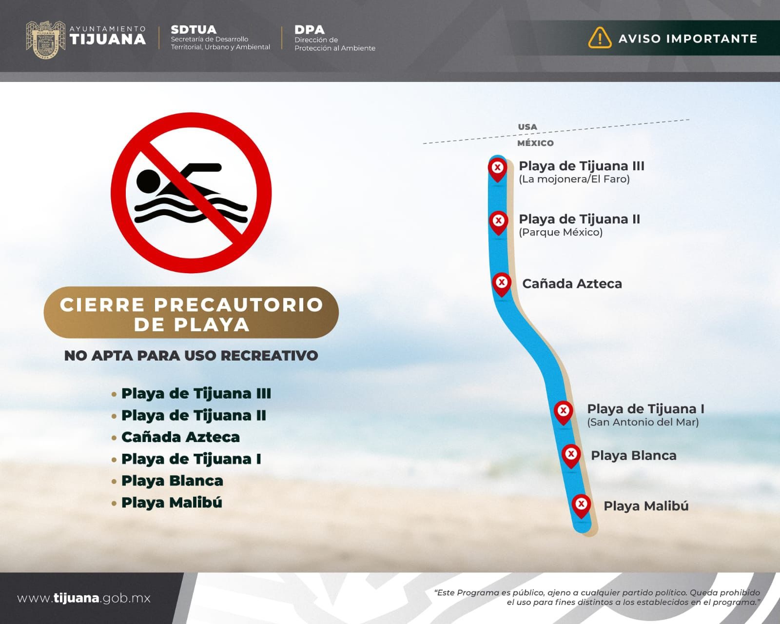 Anuncia ayuntamiento de Tijuana cierre precautorio de playas
