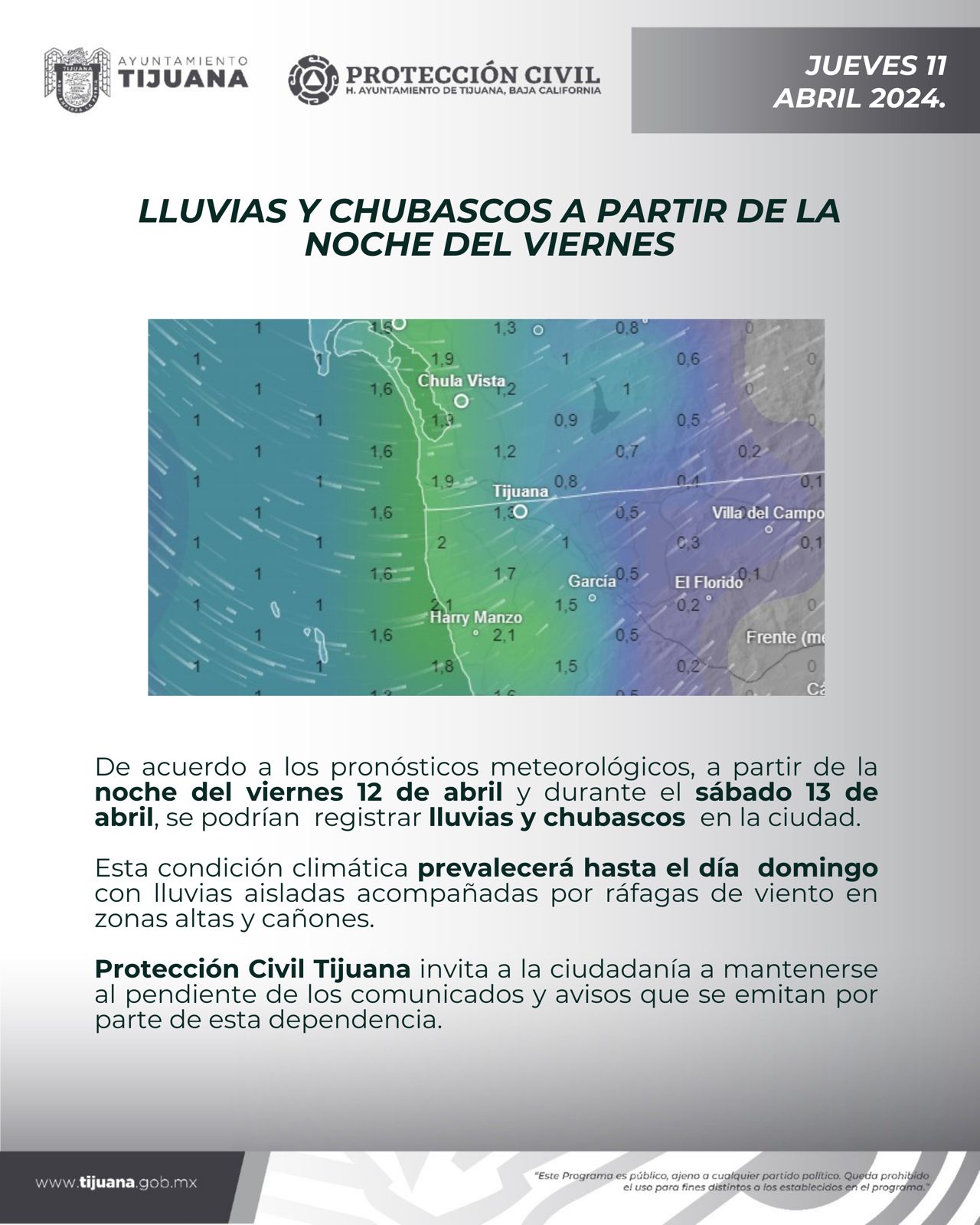 LLUVIAS Y CHUBASCOS A PARTIR DE LA NOCHE DEL VIERNES Y FIN DE SEMANA EN LA CIUDAD