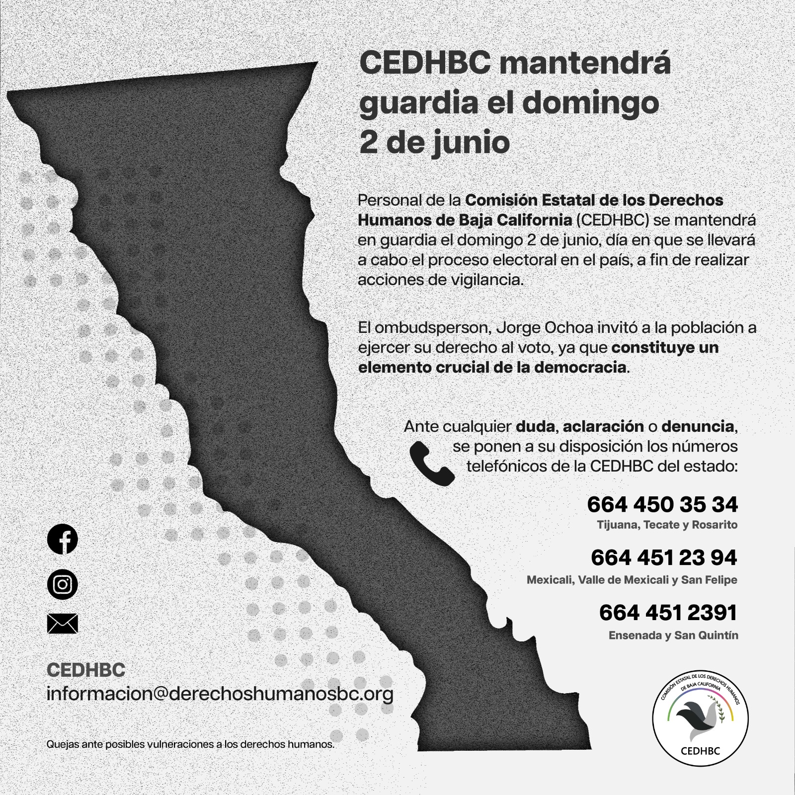 CEDHBC MANTENDRÁ GUARDIA EL DOMINGO 2 DE JUNIO