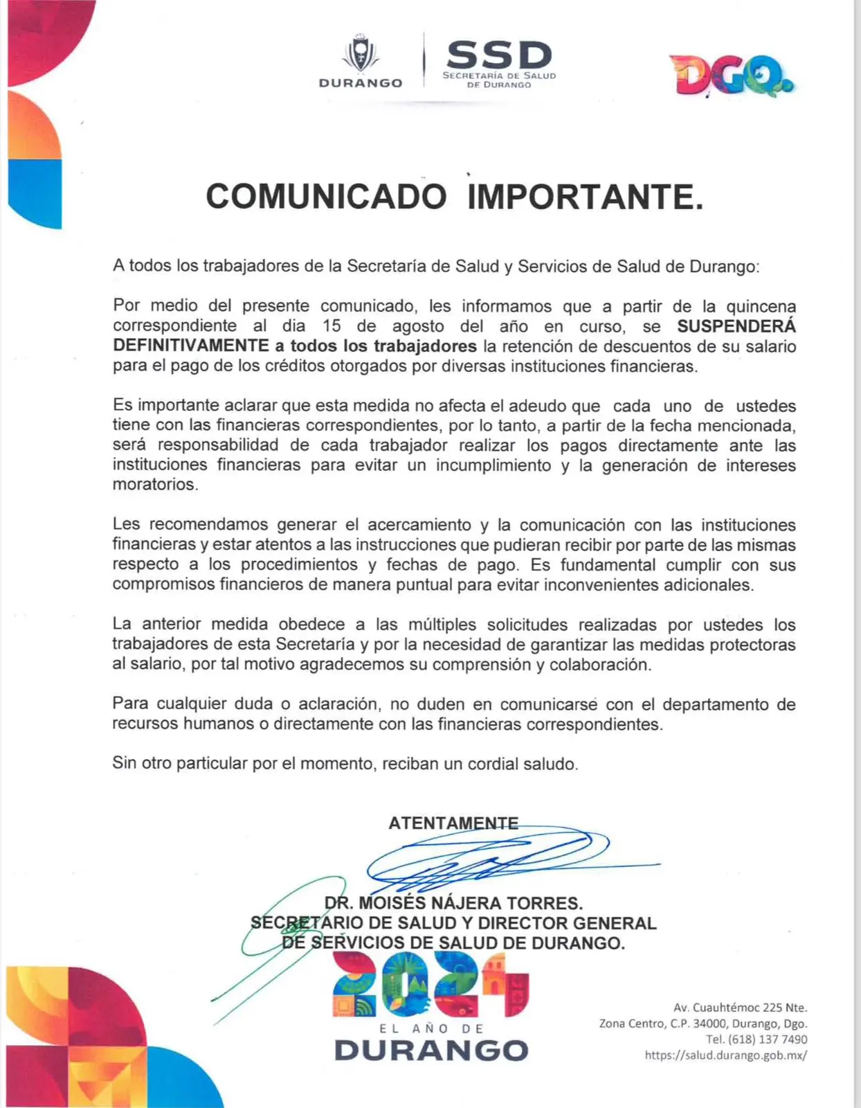 Suspenden descuentos de financieras vía nómina a trabajadores de la SSD