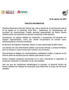 Derrame de crudo en Cuaxicala: Pemex activa protocolos de contención en Huauchinango