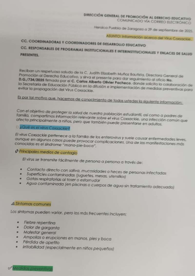 Puebla: SEP confirma casos de virus Coxsackie en alumnos de Chalchicomula y Tlachichuca