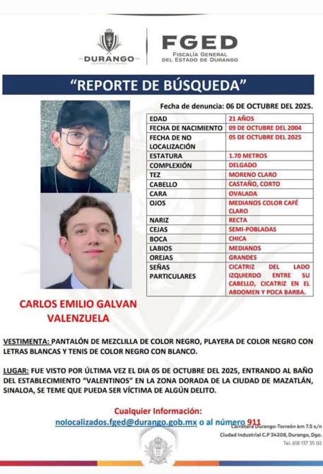 Buscan a Carlos Emilio, joven duranguense desaparecido en Mazatlán