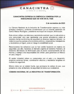 Comunicado oficial de CANACINTRA México condena inseguridad en el país.