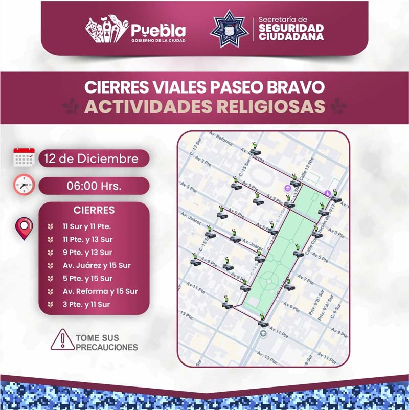 Cortes en vialidades y tránsito pesado en Puebla por festividades guadalupanas