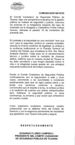 Imagen: Comunicado Comité Ciudadano de Seguridad Pública de Tijuana / Newsweek Baja California.
