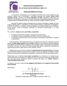 imagen: Pronunciamiento oficial de la Asociación de Egresados de la Facultad de Derecho UABC, Z.C. / Nw Información y Análisis Baja California