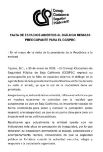 imagen: Comunicado por parte del Consejo Ciudadano de Seguridad Pública de Baja California en visita presidencial / Nw Noticias Baja California