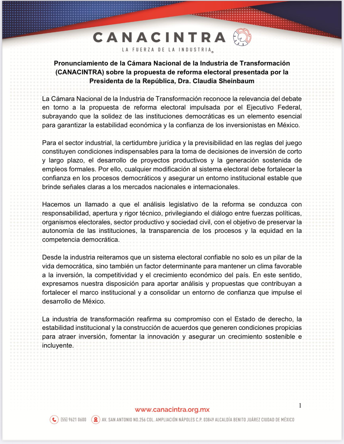 Sector industrial pide diálogo y certidumbre ante propuesta de reforma electoral en México