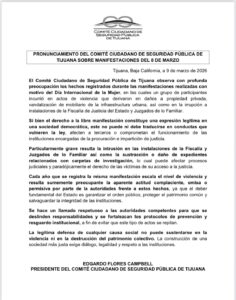 imagen: Pronunciamiento del Comité Ciudadano de Seguridad Pública de Tijuana sobre hechos violentos en manifestación 8M / Nw Baja California.