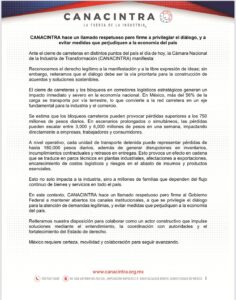 imagen: Comunicado oficial de CANACINTRA México por cierre de carreteras / Nw Baja California.