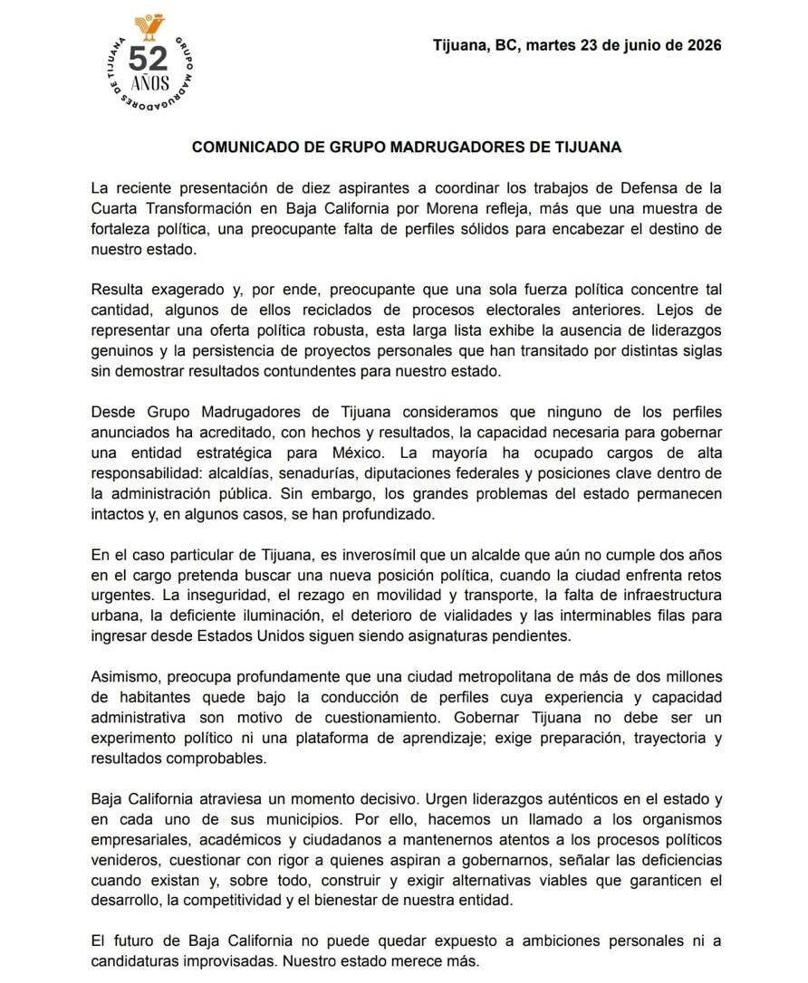 Grupo Madrugadores advierte falta de liderazgos sólidos rumbo al relevo político en Baja California