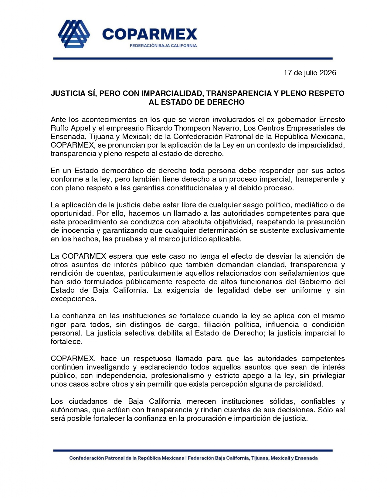 COPARMEX Baja California exige justicia imparcial y advierte riesgo de erosión del Estado de Derecho