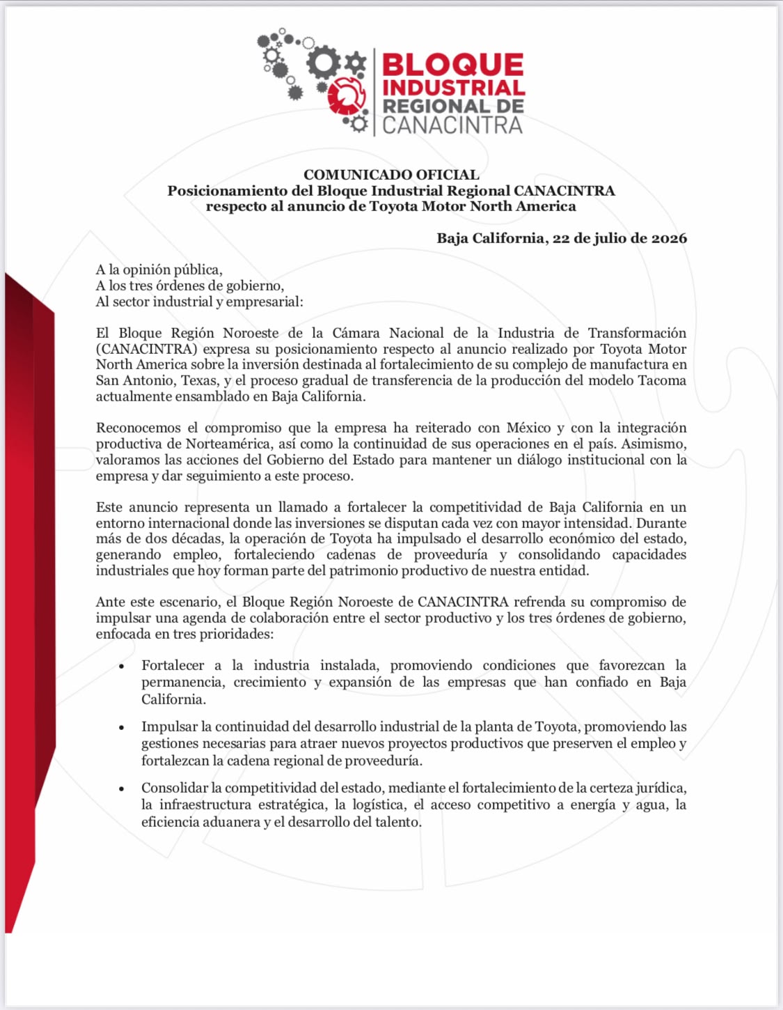 Industria cierra filas ante salida de la Tacoma: CANACINTRA llama a convertir la crisis en una oportunidad para Baja California